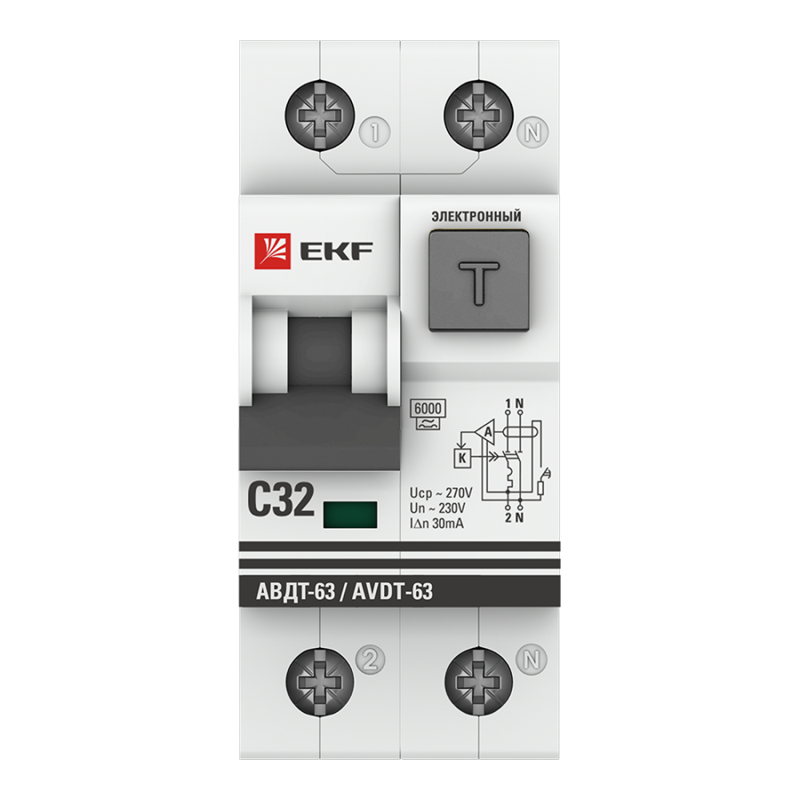 Выключатель автоматический дифференциального тока 2п C 32А 30мА тип A 6кА АВДТ-63 2мод. электрон. PROxima EKF DA63-32-30e